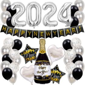 2024 New Year Party Balloon Set Wine Bottle Flag 32-inch Digital Balloon Combination Decorative Set (Color: Silver)