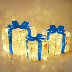 New Christmas Gift Box 3-piece Folding Christmas Gift Box Light Up Valentine Gift Box Christmas Lights (Color: Blue)